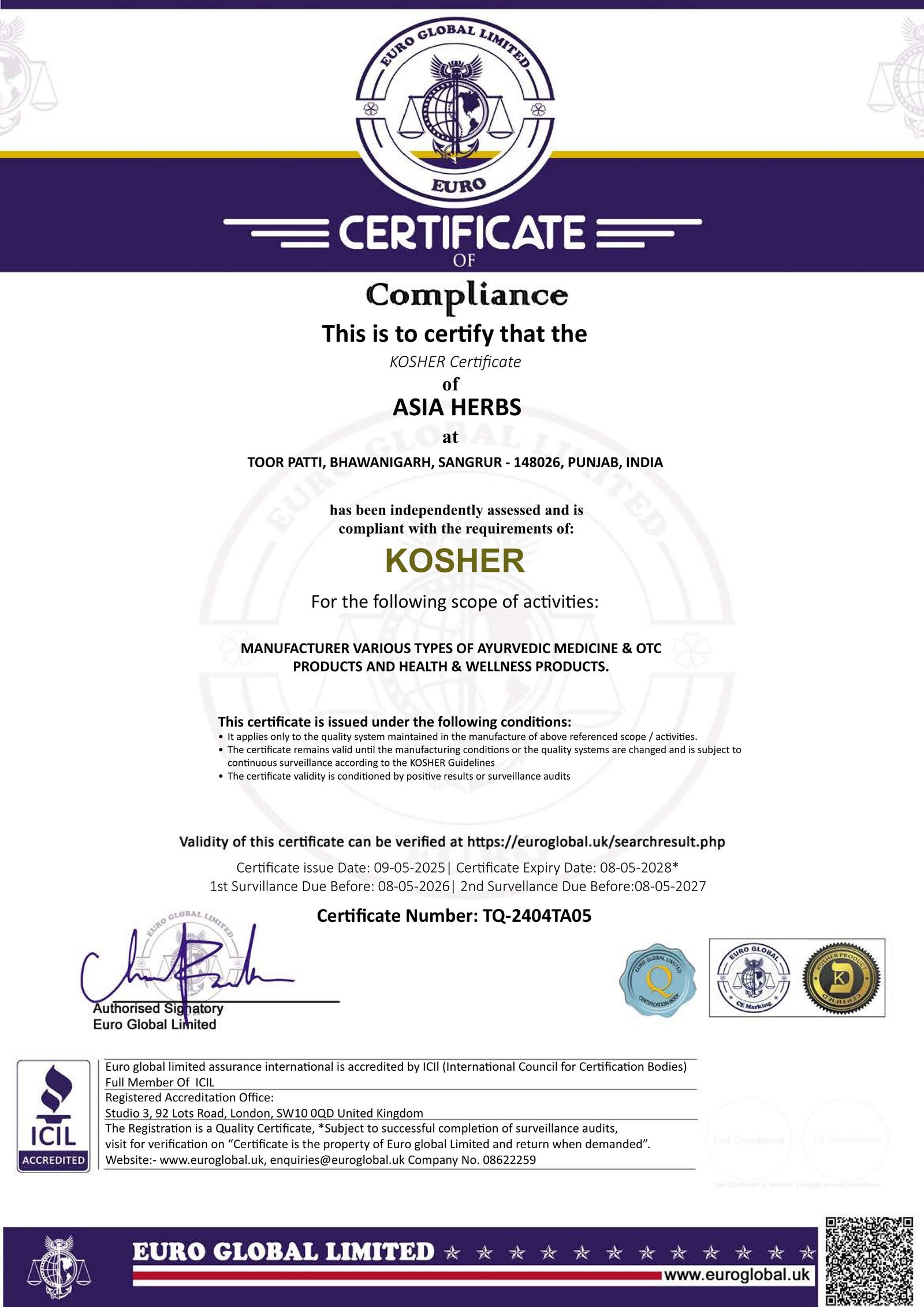 Kosher Compliance Certificate